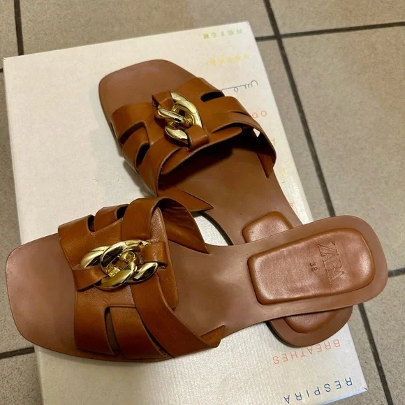 ZARA Leather Chain Slide Sandals – Size 38 (US 7.5) - Picture 3 of 6